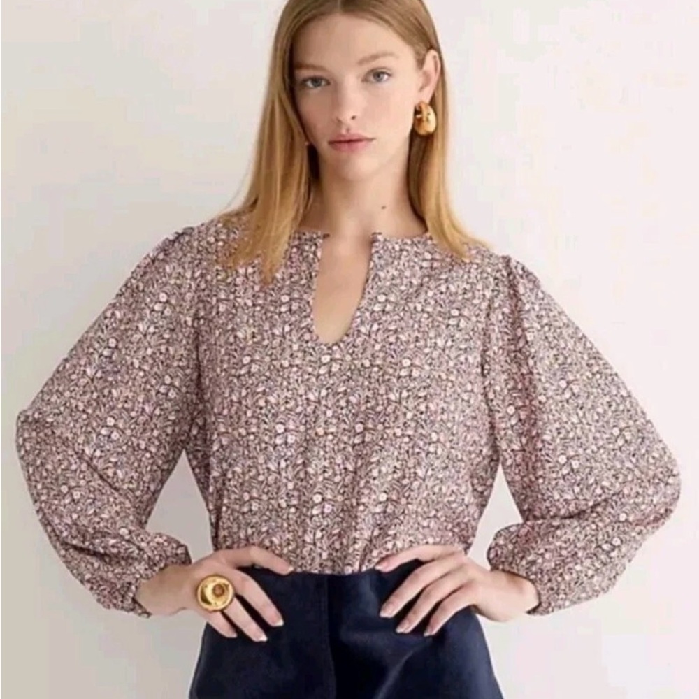 J. Crew Puff Sleeve Satin Back Crepe Top Floral Flourish Size XS brown EUC